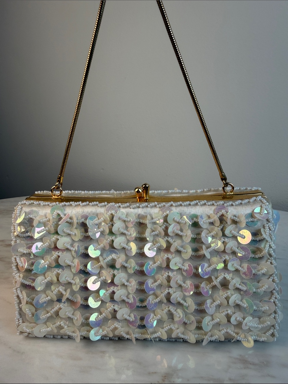 Vintage Y2K Iridescent Sequin Beaded Bag with gold rope chain handle